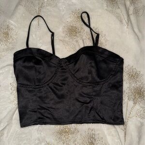 Black Textured Bustier Crop top with Spaghetti Straps and Light Padding